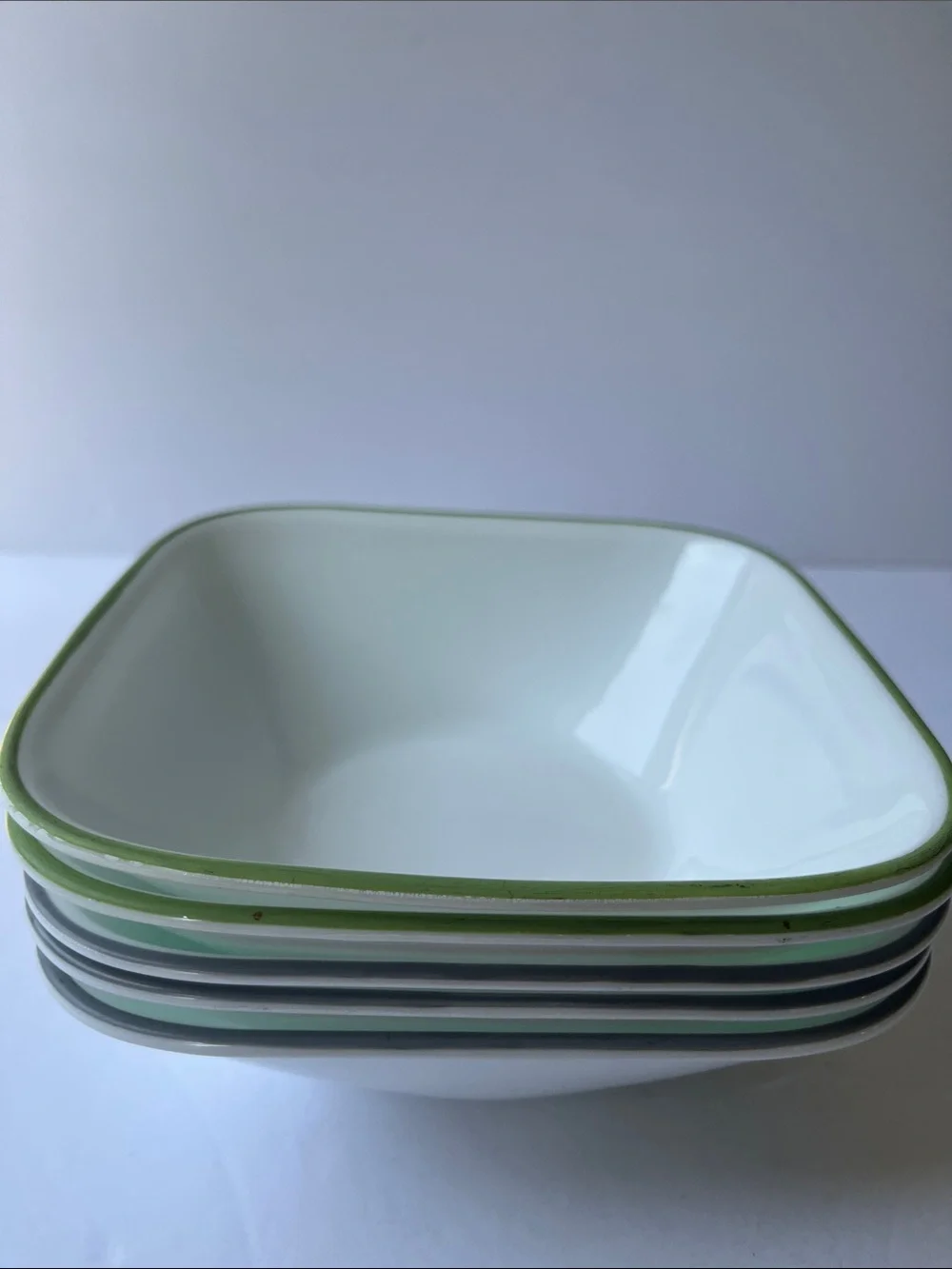 Corelle 5 Square White Soup Cereal Bowls - Made in USA 3 gray 2 green rim